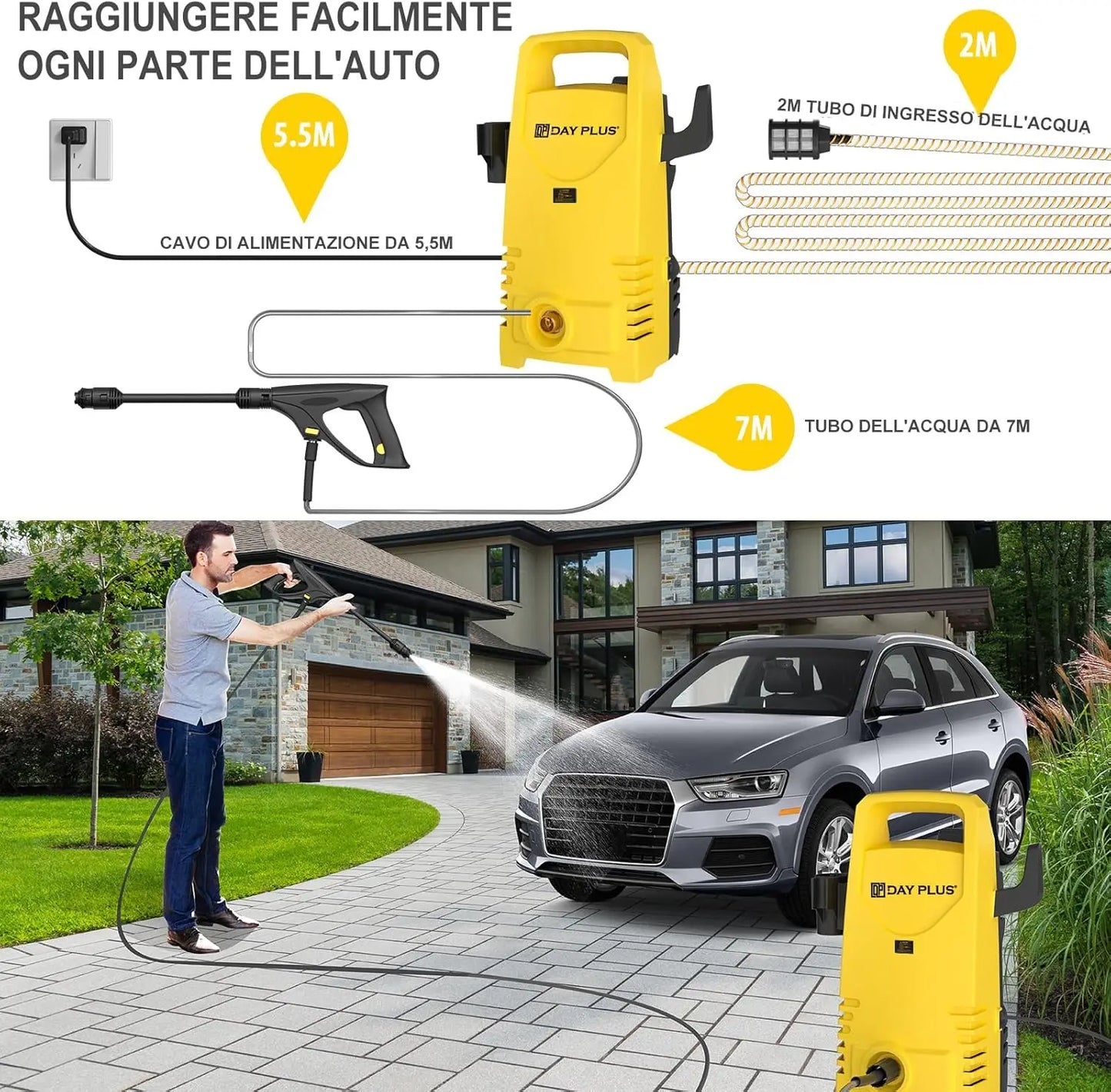 DayPlus Electric Pressure Washer 1600W 120 Bar Adjustable Lance