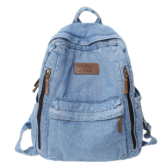 NONECN Denim School Backpack With Multiple Pockets And Large Capacity