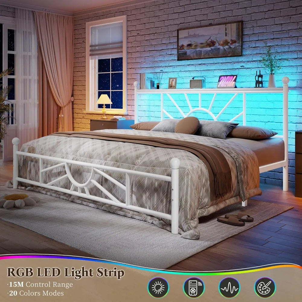 Angduo Metal Bed Frame With LED Headboard And Bed Storage