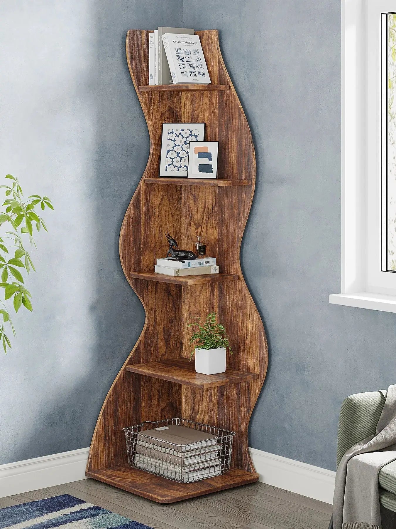 Tribesigns Rustic Five Tier Corner Bookshelf Wall Shelf Living Room