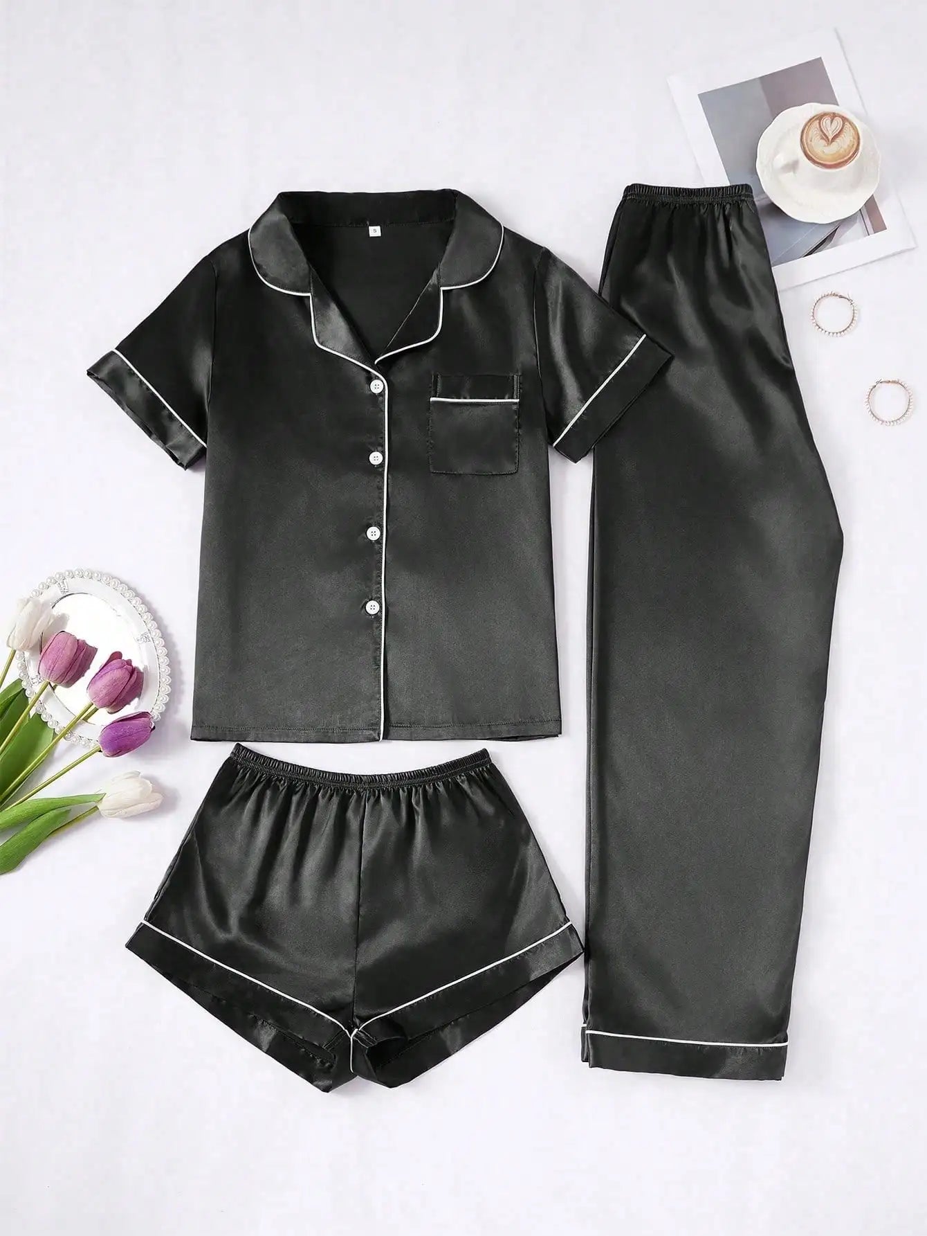Faux Silk Pajama Set For Women Button-Down Top And Pants