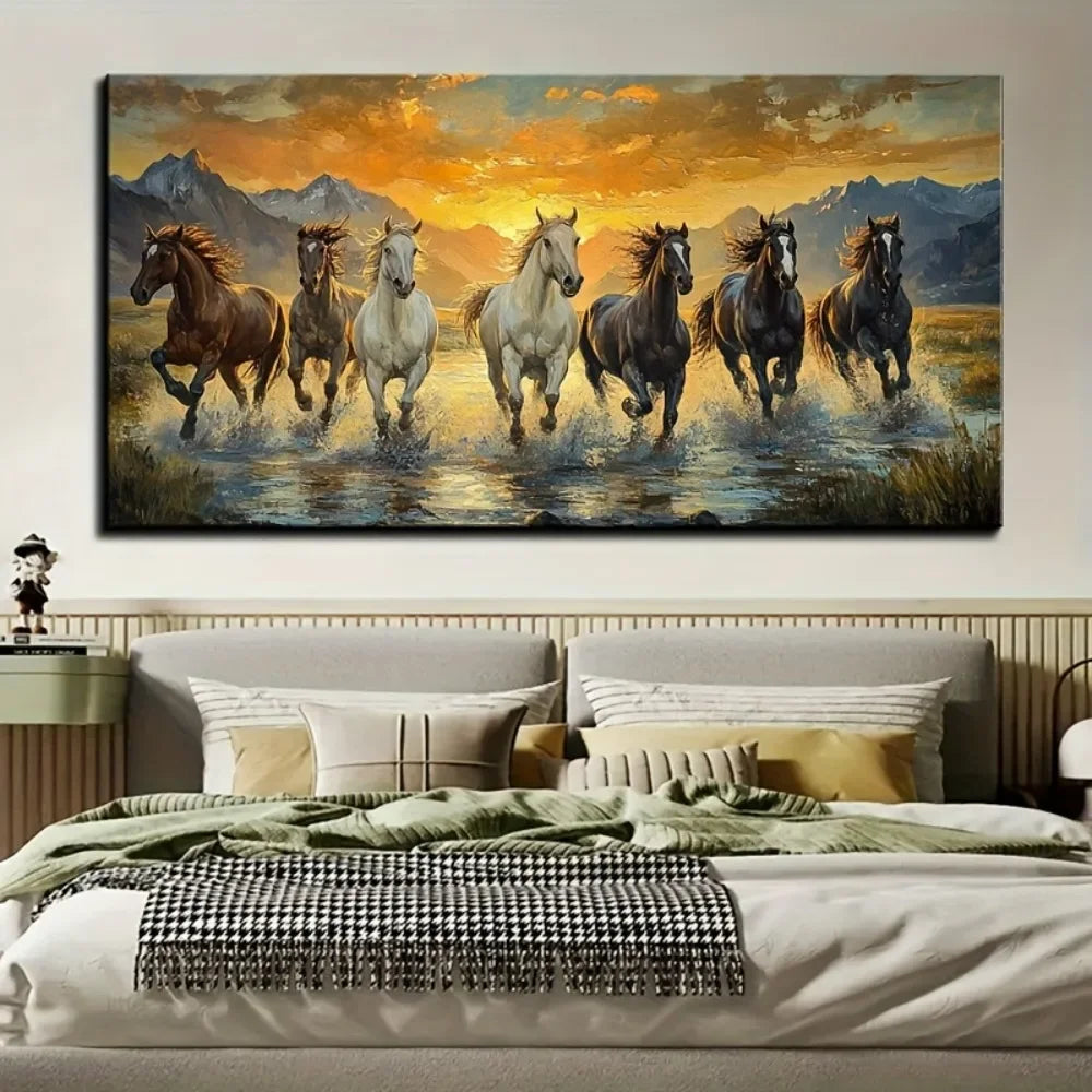 Hign-concerned Feng Shui Seven Horse Waterproof Canvas Wall Art Frame