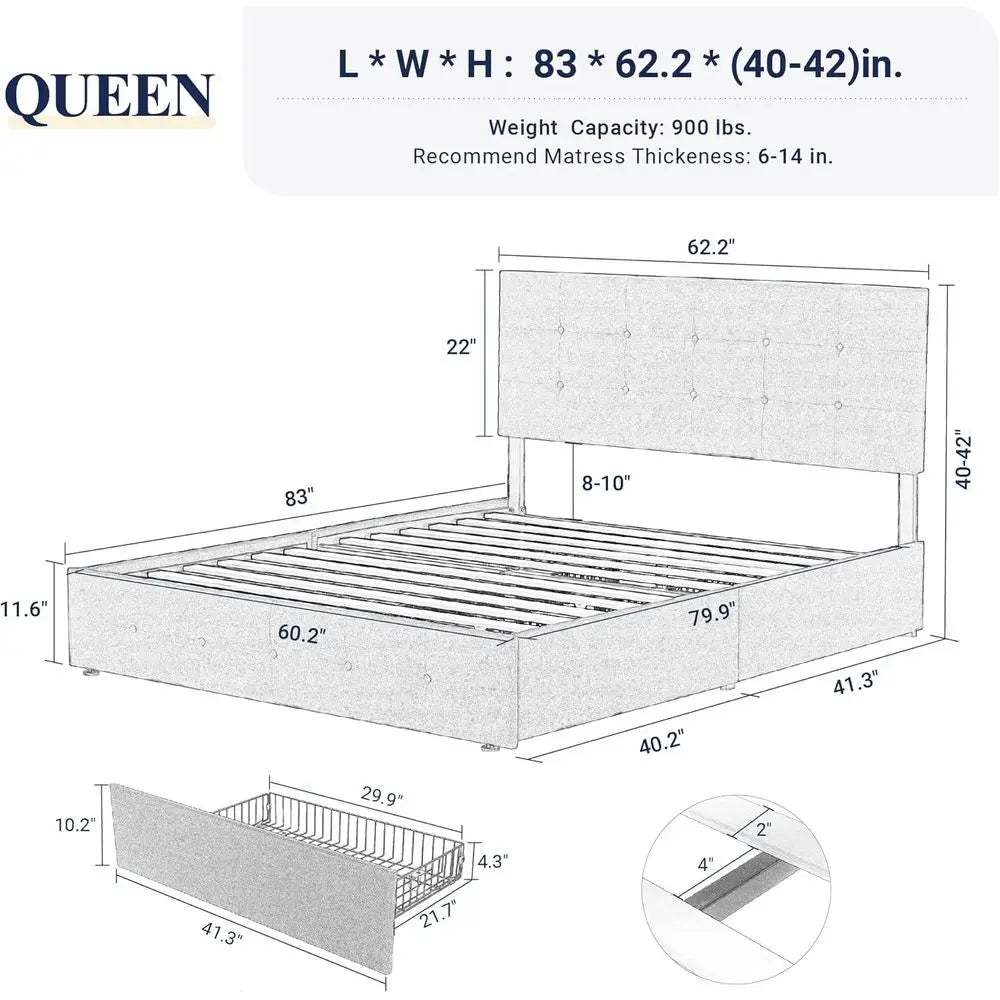 Upholstered Platform Bed With Four Drawers Button Tufted