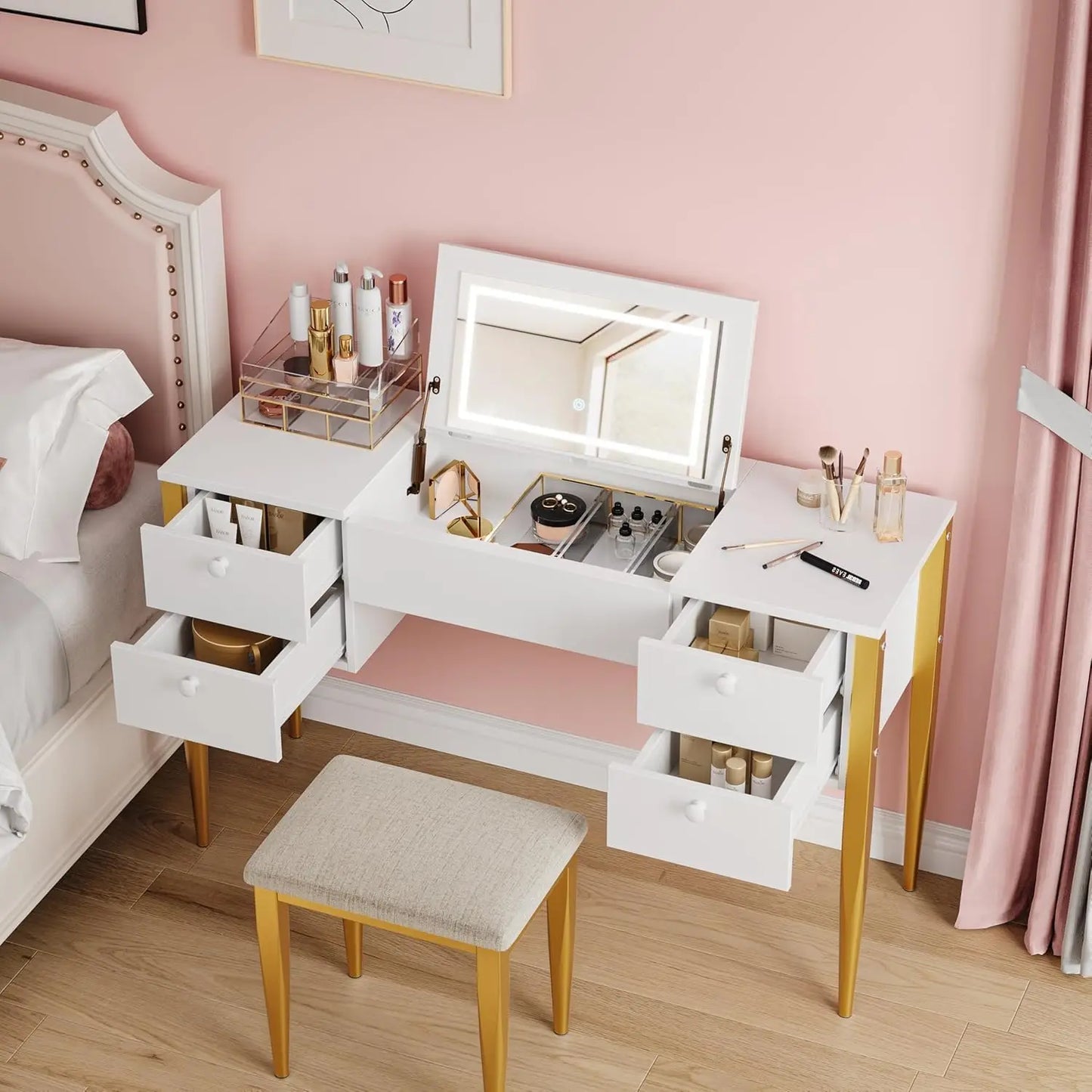 HiMISS Makeup Vanity Desk With Flip Top Mirror LED Lights