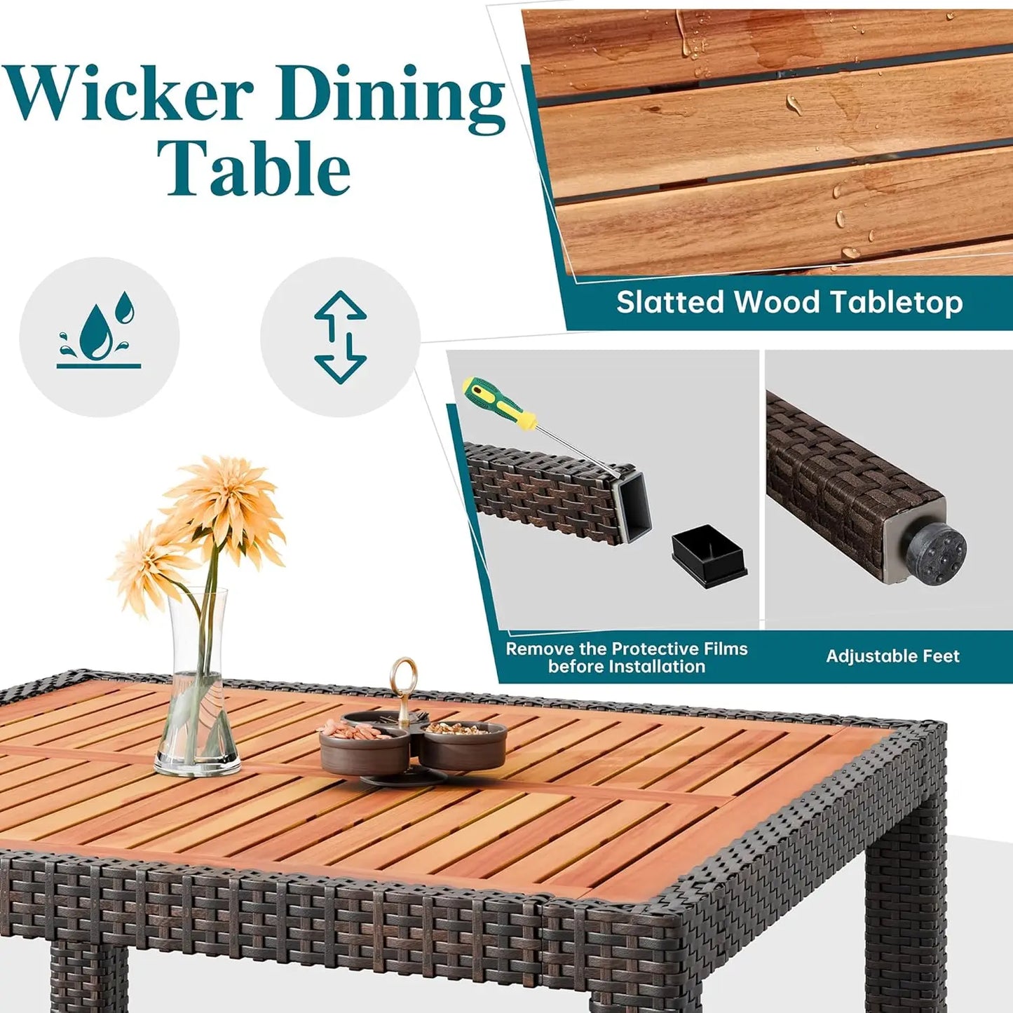 Patio Dining Set With Wicker Chairs And Wood Table