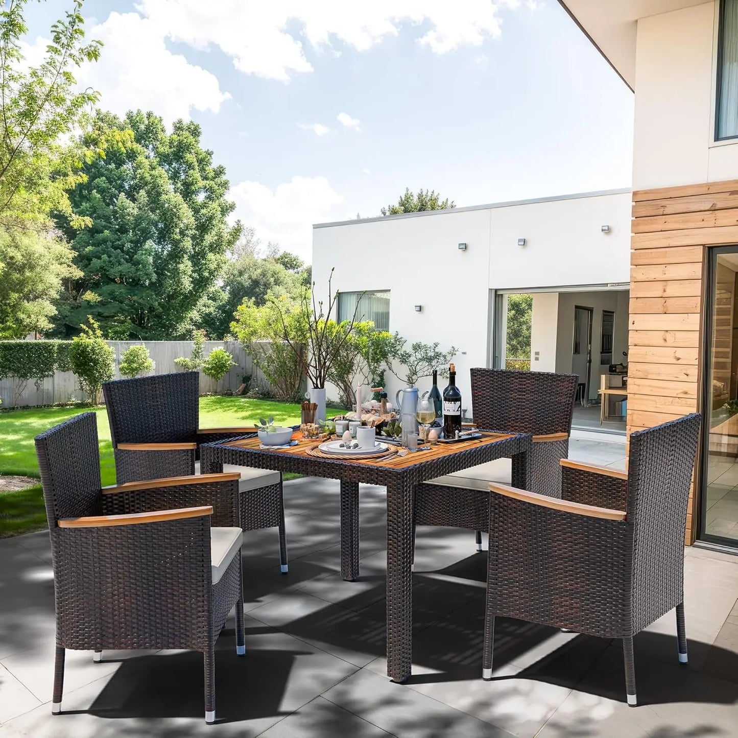 Patio Dining Set With Wicker Chairs And Wood Table
