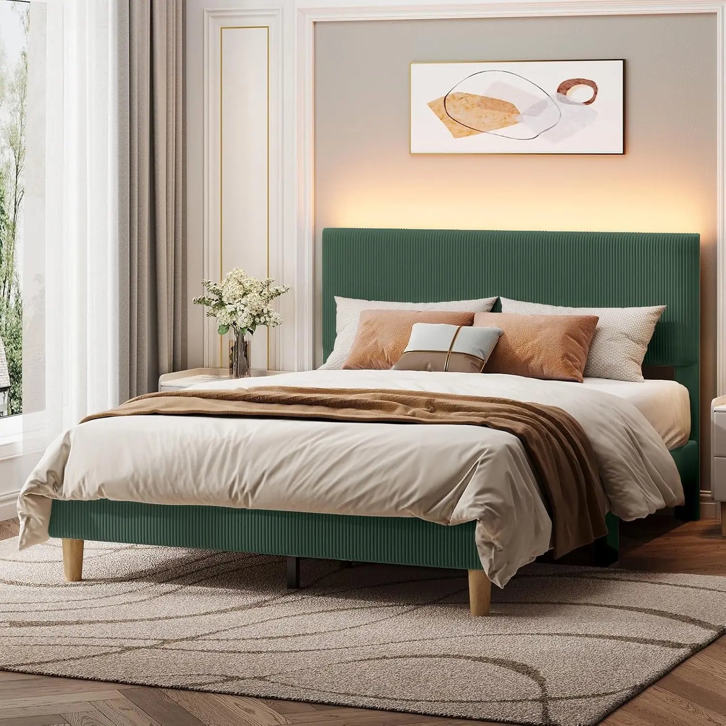Platform Bed Frame With LED Headboard And Wooden Slats