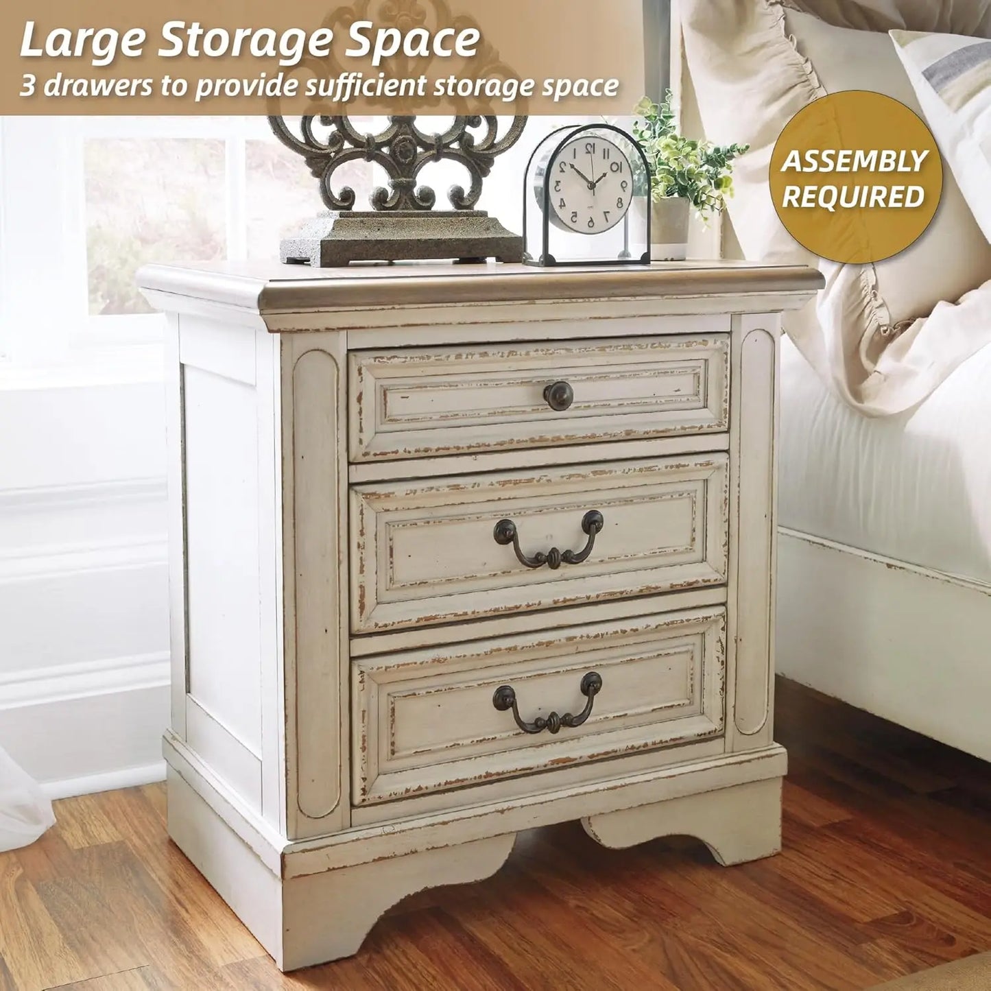 French Country 3 Drawer Nightstand Electrical Outlets USB Ports