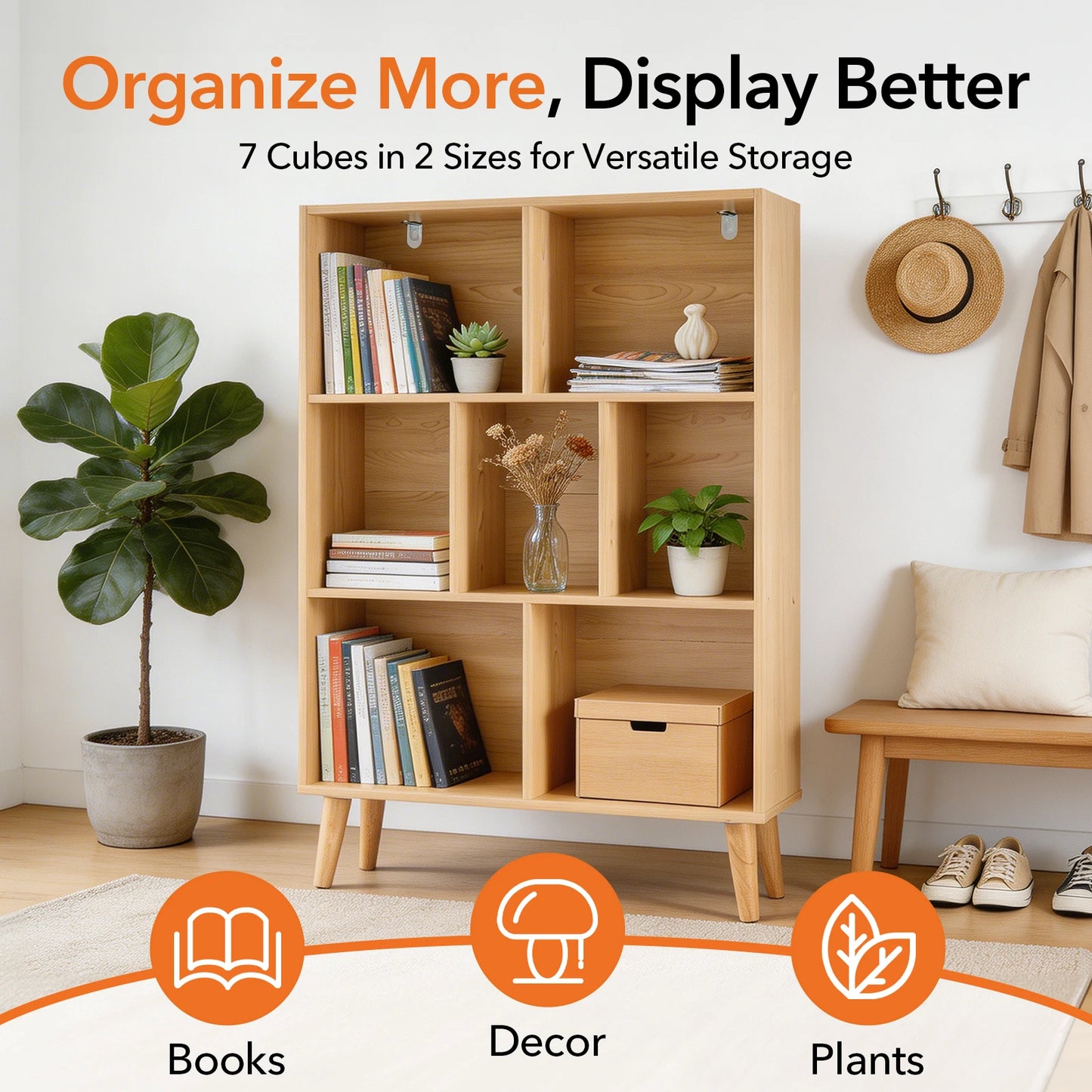 JHK Three-Tier Wooden Bookshelf With Cube Storage Organizer