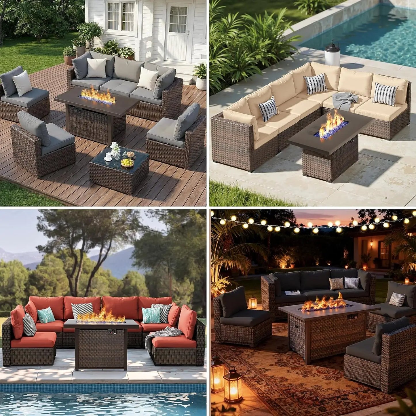 XIAOLANG 7-Piece Outdoor Patio Furniture Set Wicker Fire Pit Table