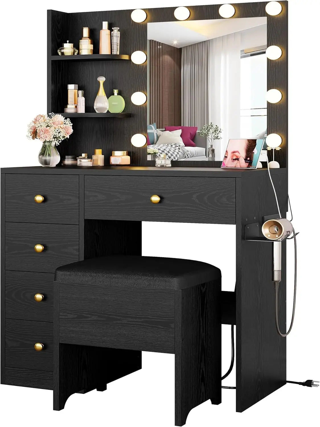 ZHUOTING Vanity Desk With Mirror And Lights 5 Drawers