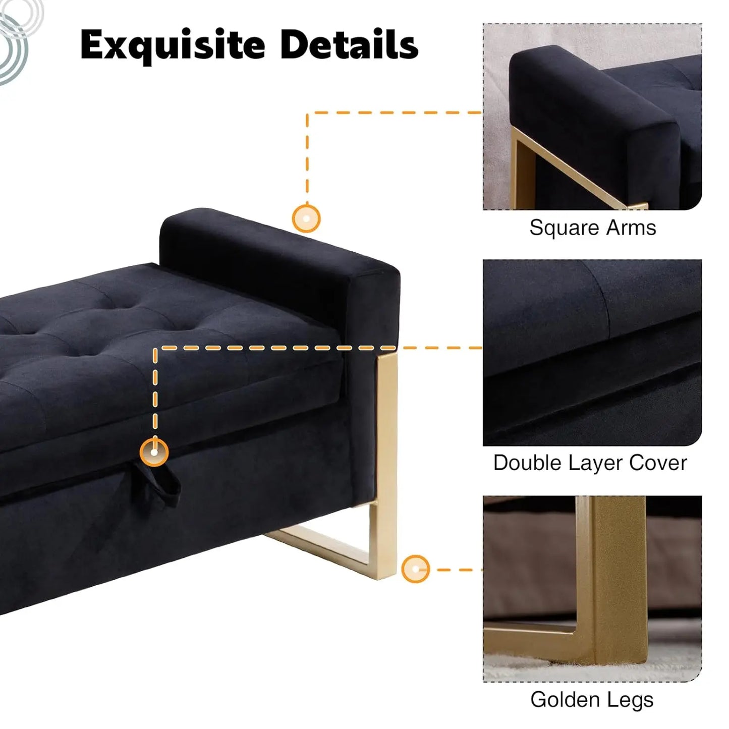Bed End Storage Bench With Velvet Upholstery And Metal Legs