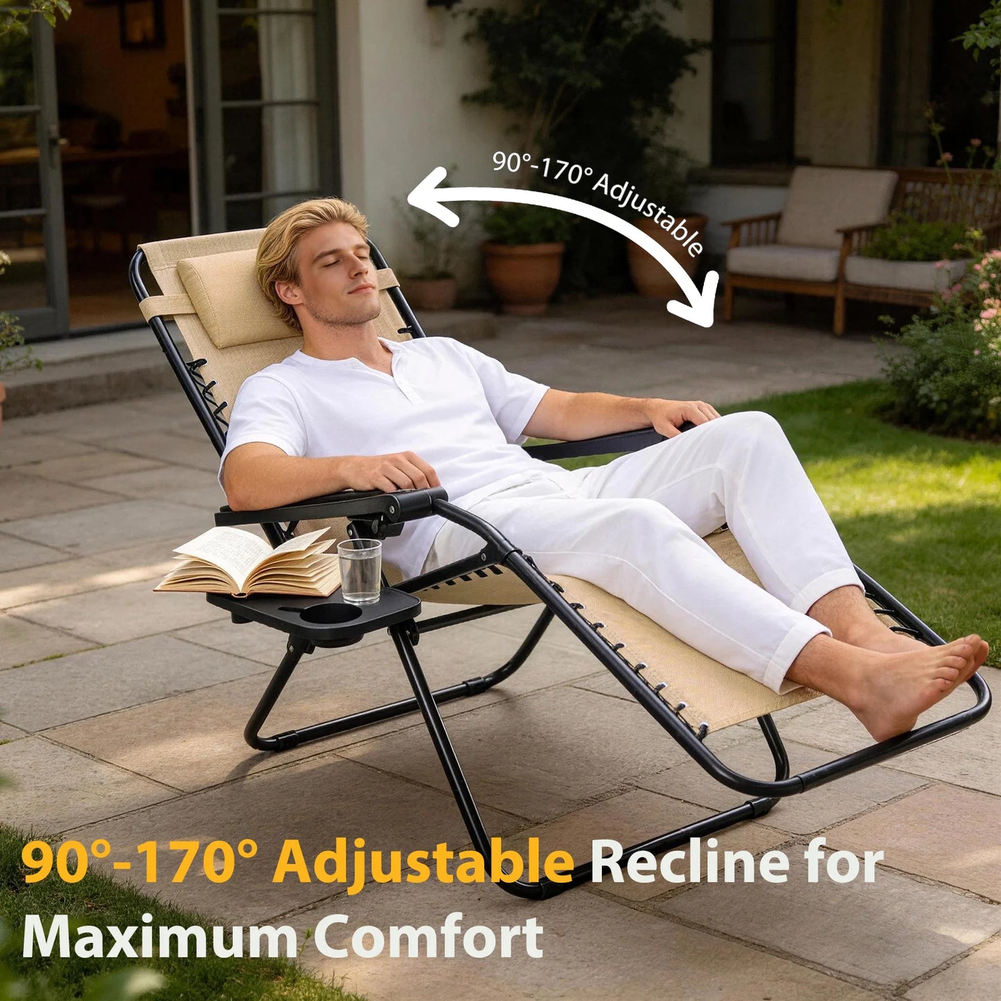 JHK Portable Zero Gravity Recliners Set Of 2 With Cup Holder Trays