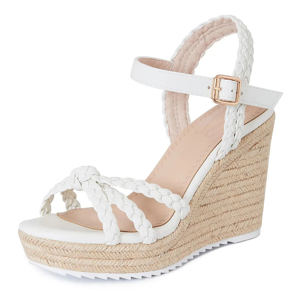 GIGIFOX Straw Woven Waterproof Platform Wedges Sandals Buckle Straps