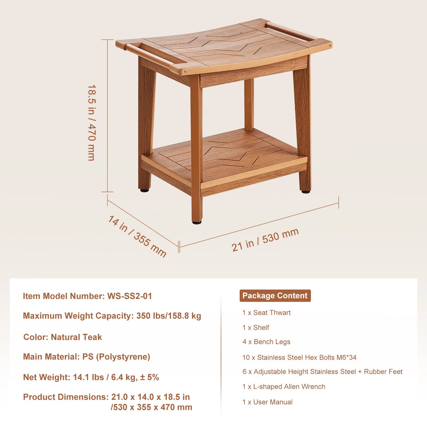 SucceBuy Bamboo Shower Bench With Storage Shelf 330Lb Capacity