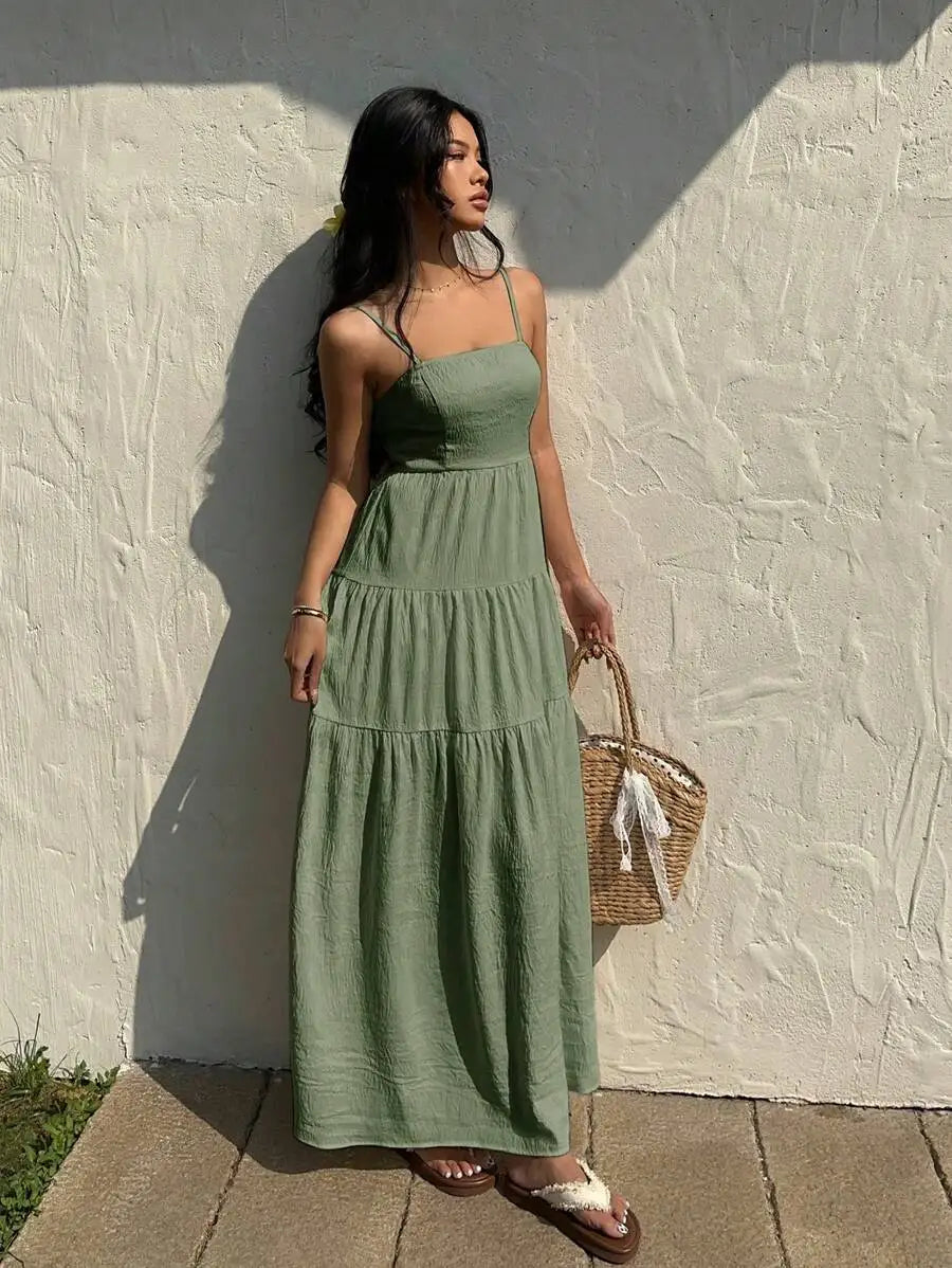 Textured Tiered Camisole Maxi Dress With Adjustable Straps