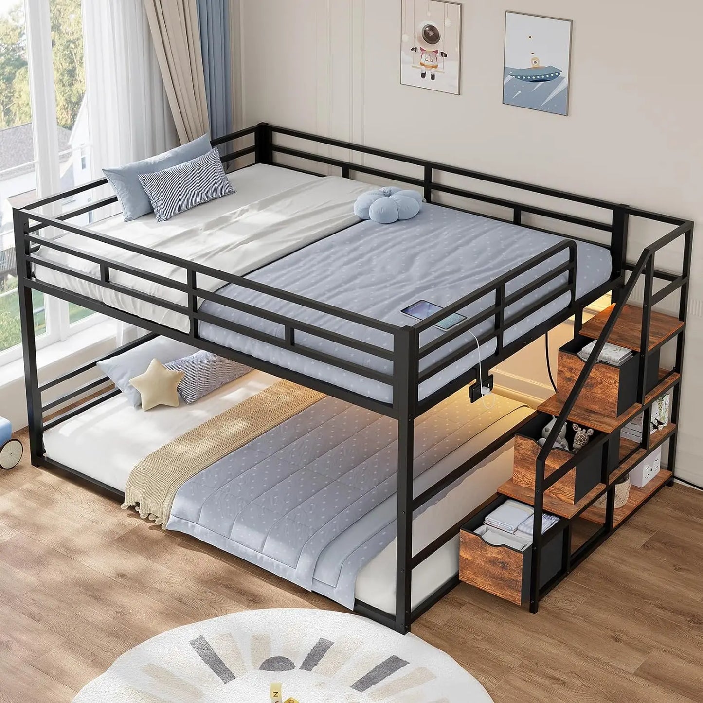 XIAOLANG Low Bunk Bed Full Over Full With Stairs RGB