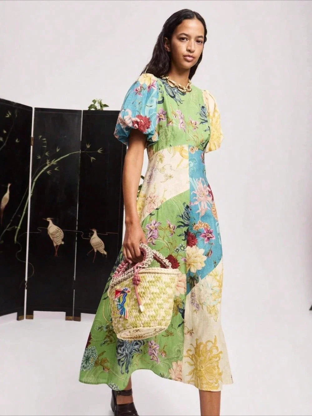 Linen Floral Patchwork Lantern Sleeve Midi Dress For Women