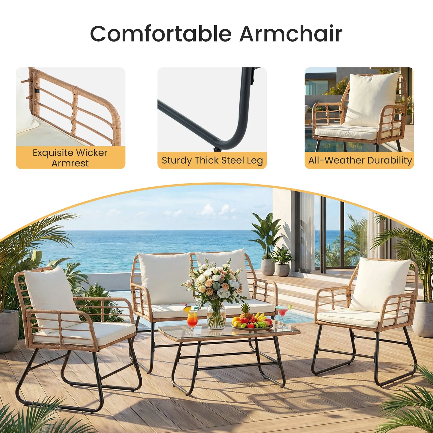 JHK Outdoor Wicker Patio Furniture Set With Glass Table