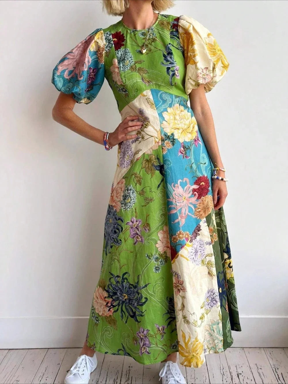 Linen Floral Patchwork Lantern Sleeve Midi Dress For Women