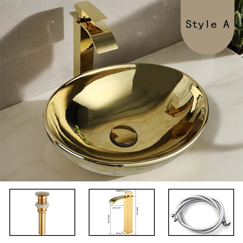 Yanksmart Ceramic Bathroom Sink Set With Deck Mounted Faucet Pop Up Drain