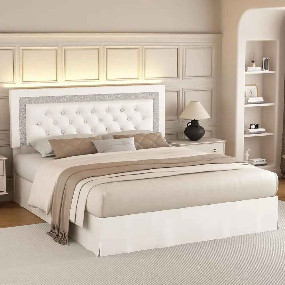 Upholstered Queen Bed Frame With Adjustable Headboard And LED Lights