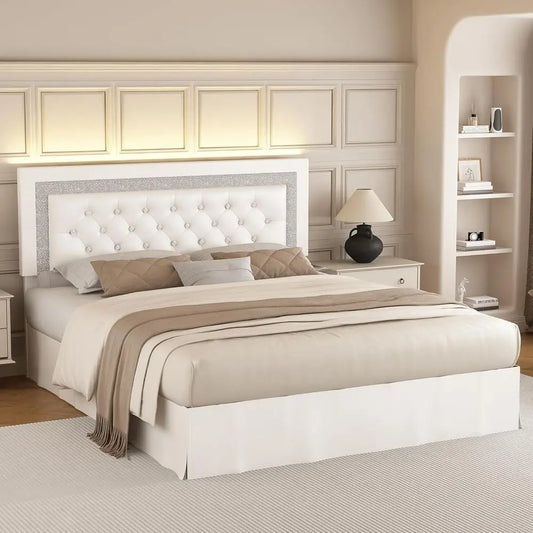 Upholstered Queen Bed Frame With Adjustable Headboard And LED Lights