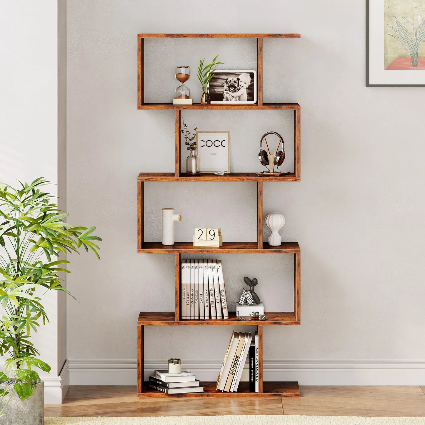 JHK Geometric S Shaped 5 Tier Wooden Bookcase Storage Shelf