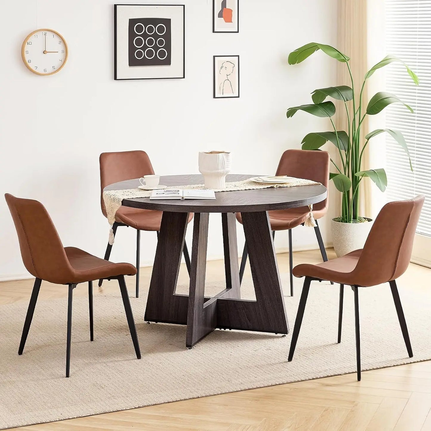 Round Mid-Century Dining Table Set With Metal Legs And Chairs