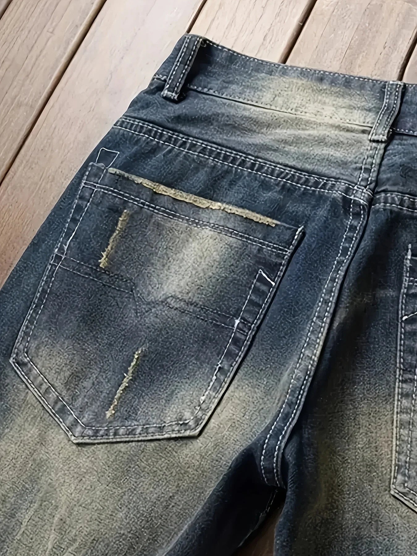 Men's Ripped Slim Biker Jeans Regular Fit Denim Embroidered
