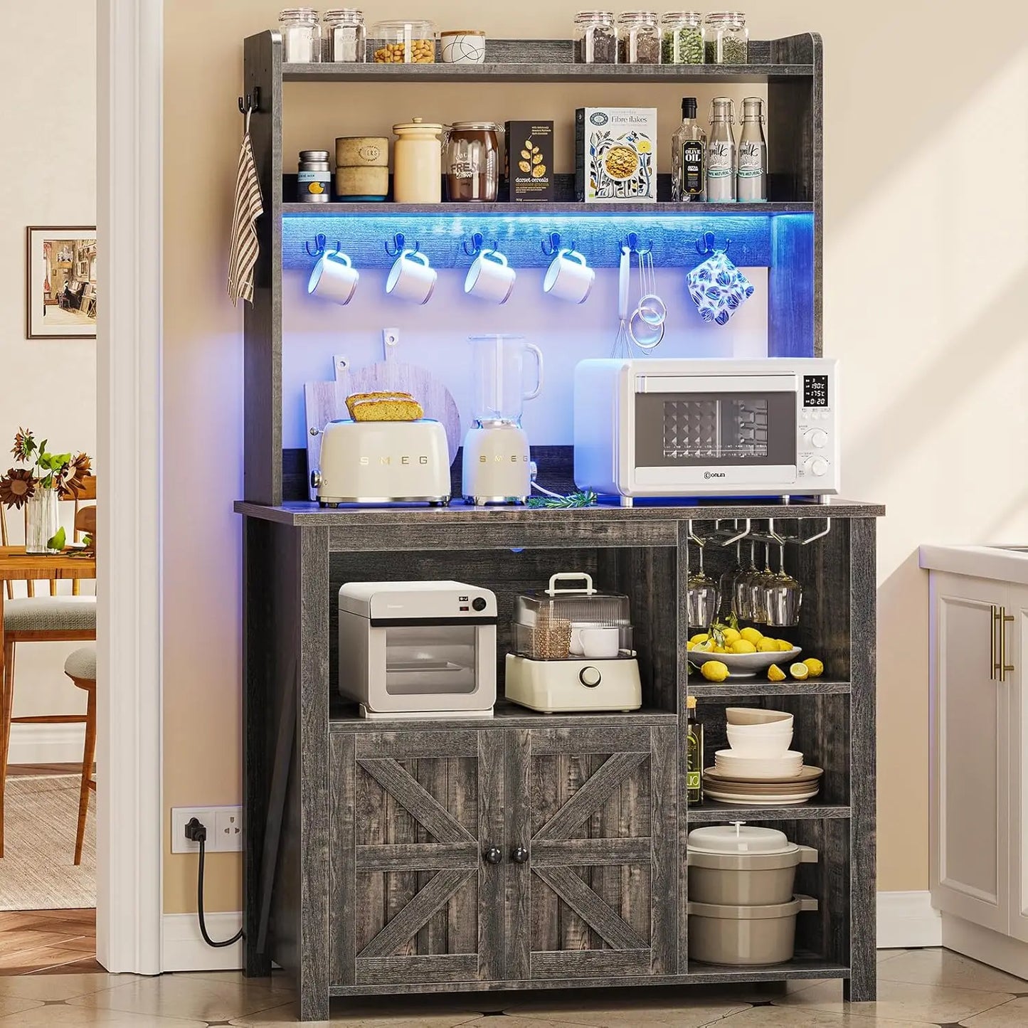 RBXCH Coffee Bar Cabinet With Microwave Hutch LED Lights