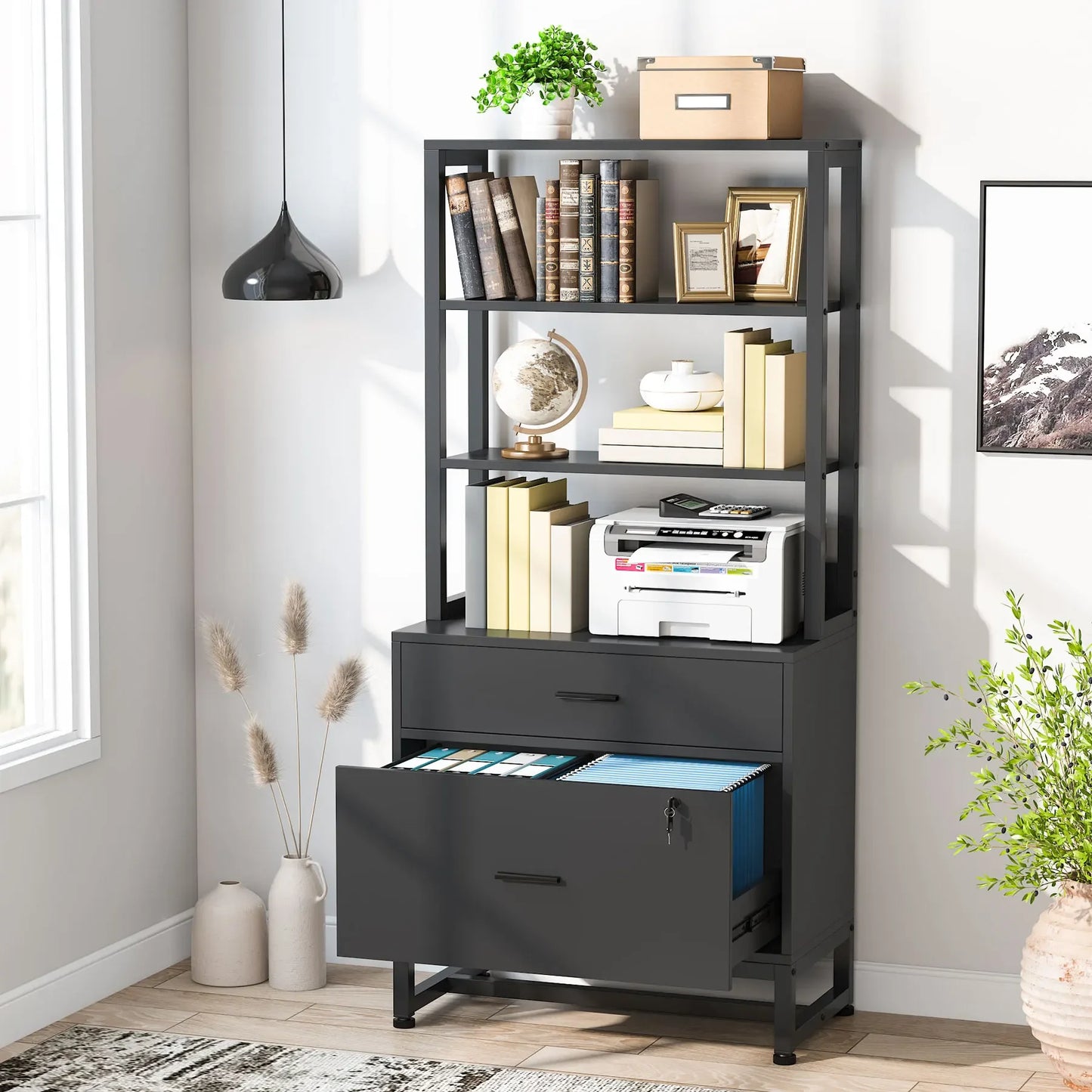 Tribesigns Two Drawer Vertical File Cabinet With Lock And Bookshelf