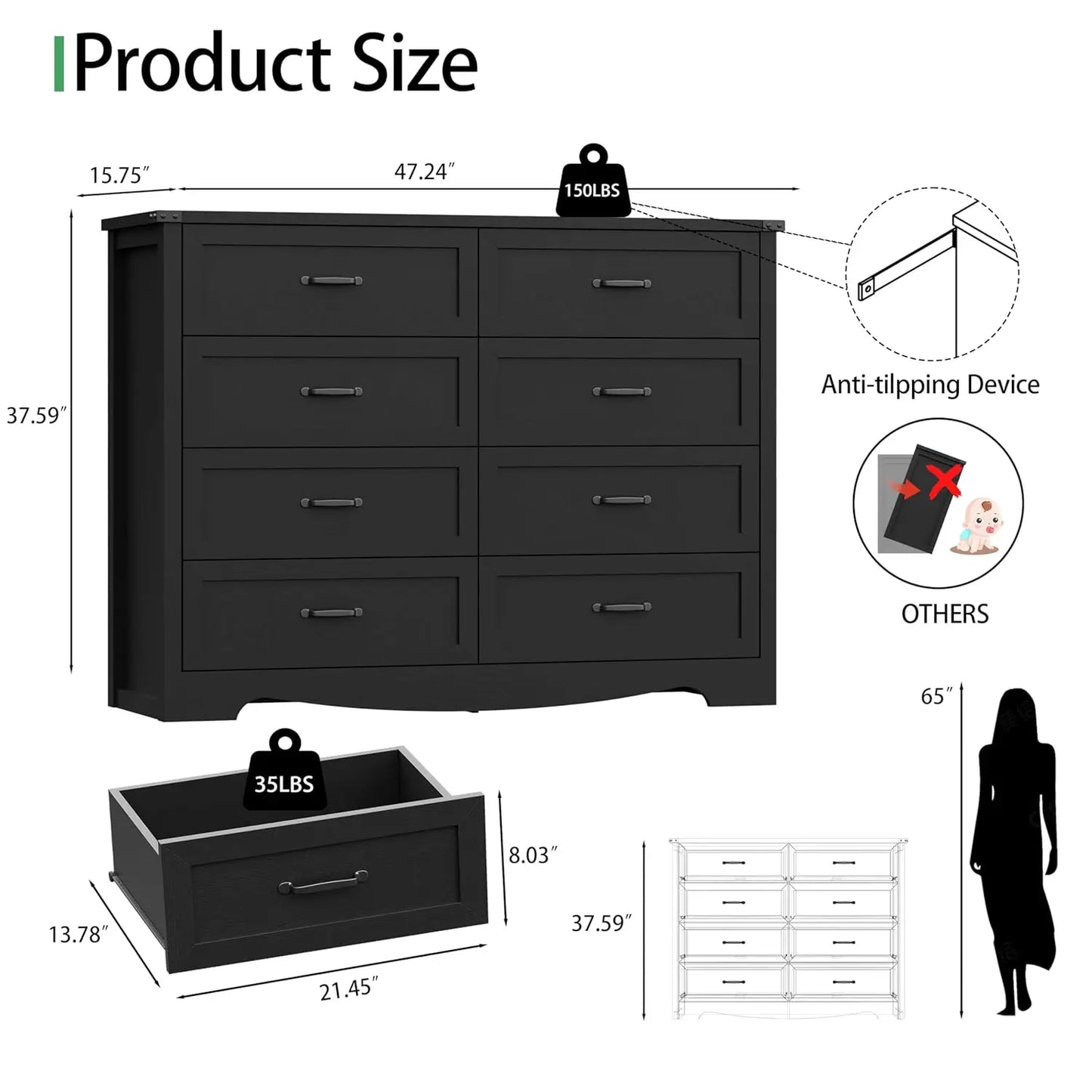 Eight-Drawer Dresser With Metal Handle Modern Wood Chest Bedroom