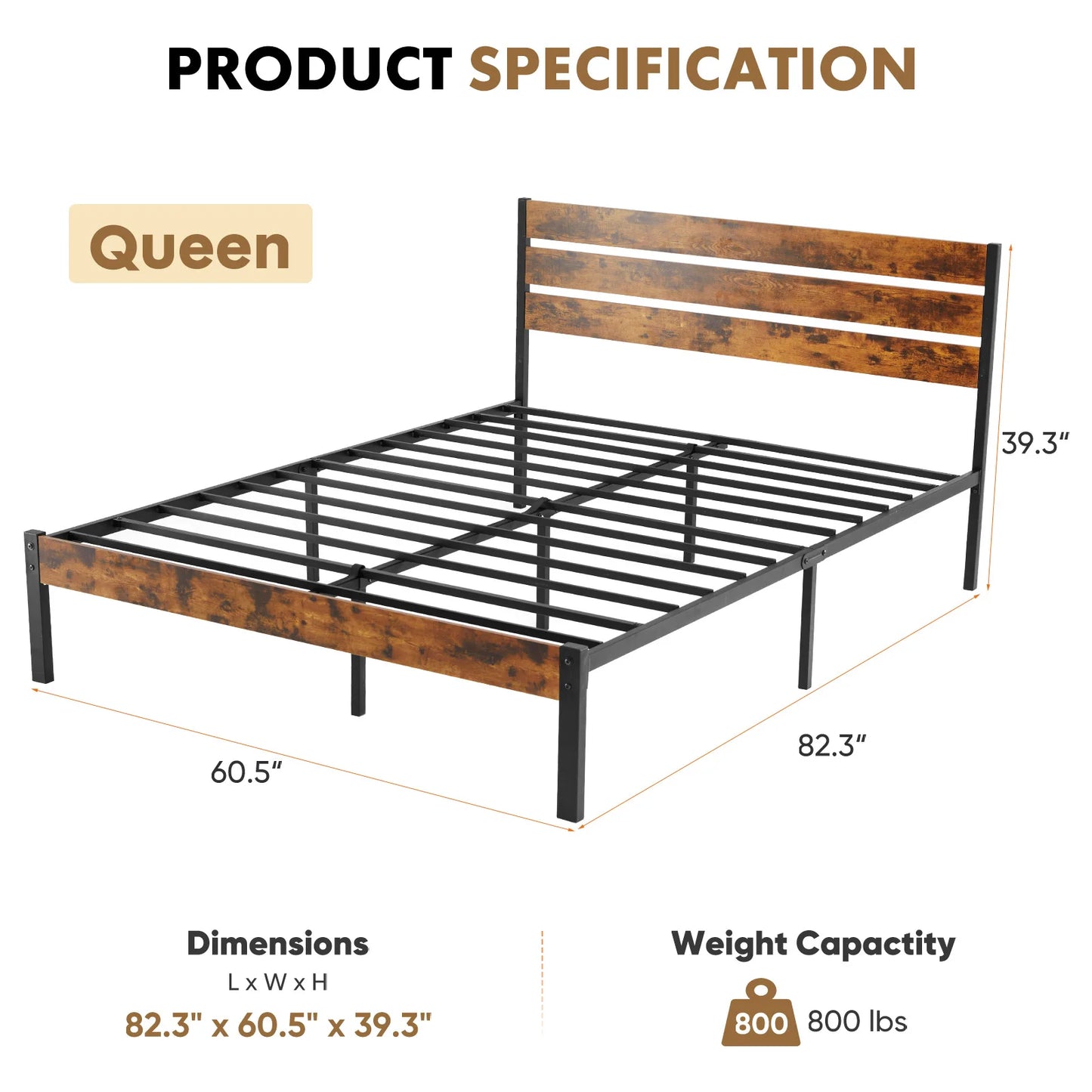 JHK Metal Platform Bed Frame With Headboard And Wooden Slats