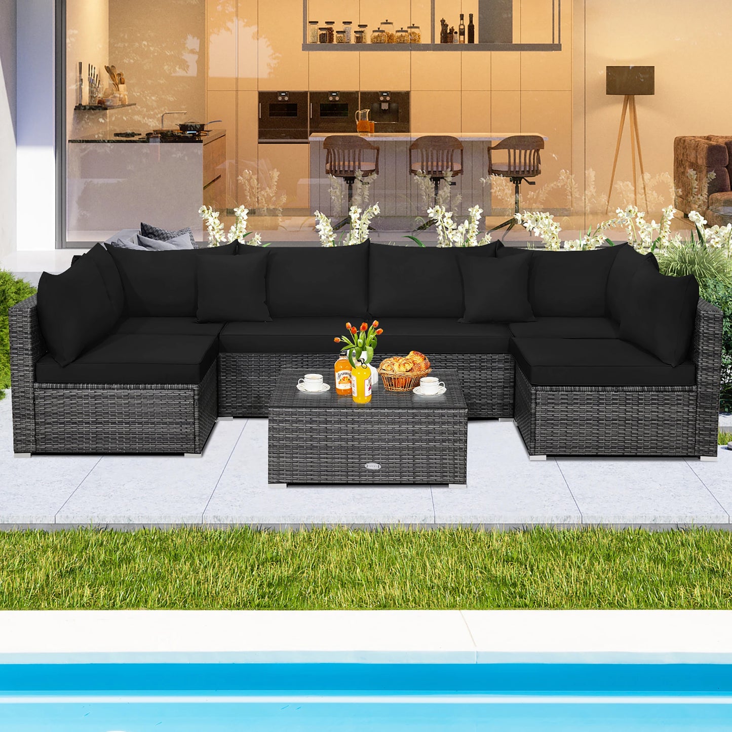 HOMASIS 7 Piece Patio Rattan Furniture Set Cushioned Sofa