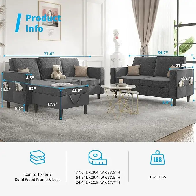 HUANZHUANG 3 Piece Sectional L Shaped Sofa Set Modern