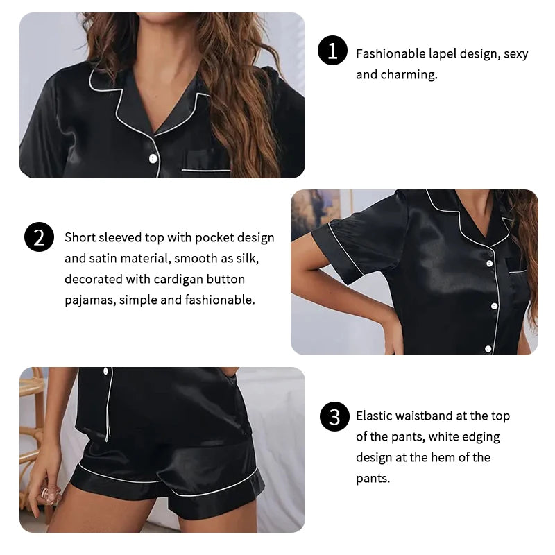 Hzoioys Satin Pajamas Set Women Button Down Tops And Shorts