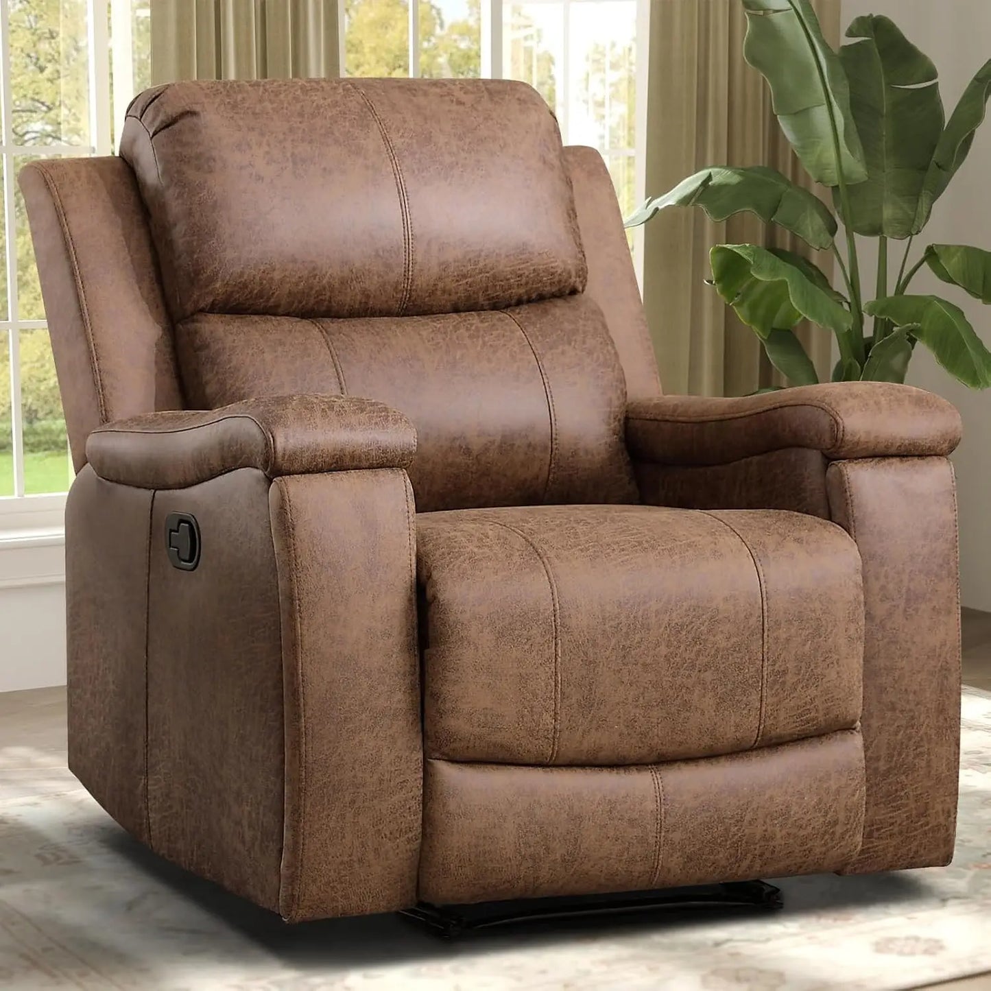 Overstuffed Manual Recliner Chair With Cup Holders For Living Room