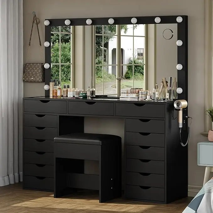 XMSJ Vanity Desk With Mirror 3 Color Lights And 15 Drawers