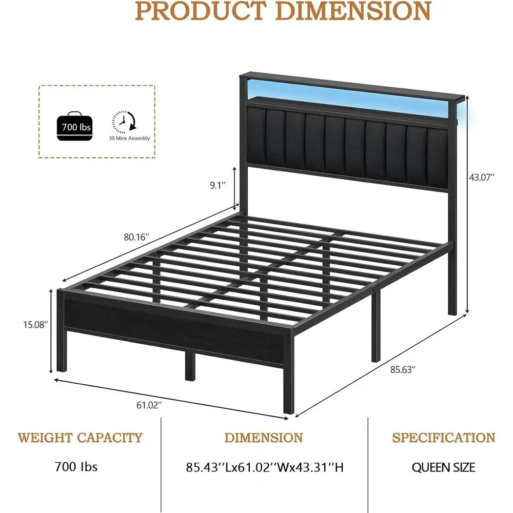Queen Platform Bed With Charging Station LED Lights And Storage