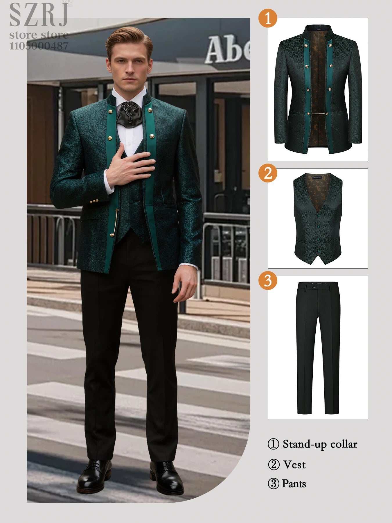 Men's Floral Three Piece Tuxedo Suit With Double Breasted Vest