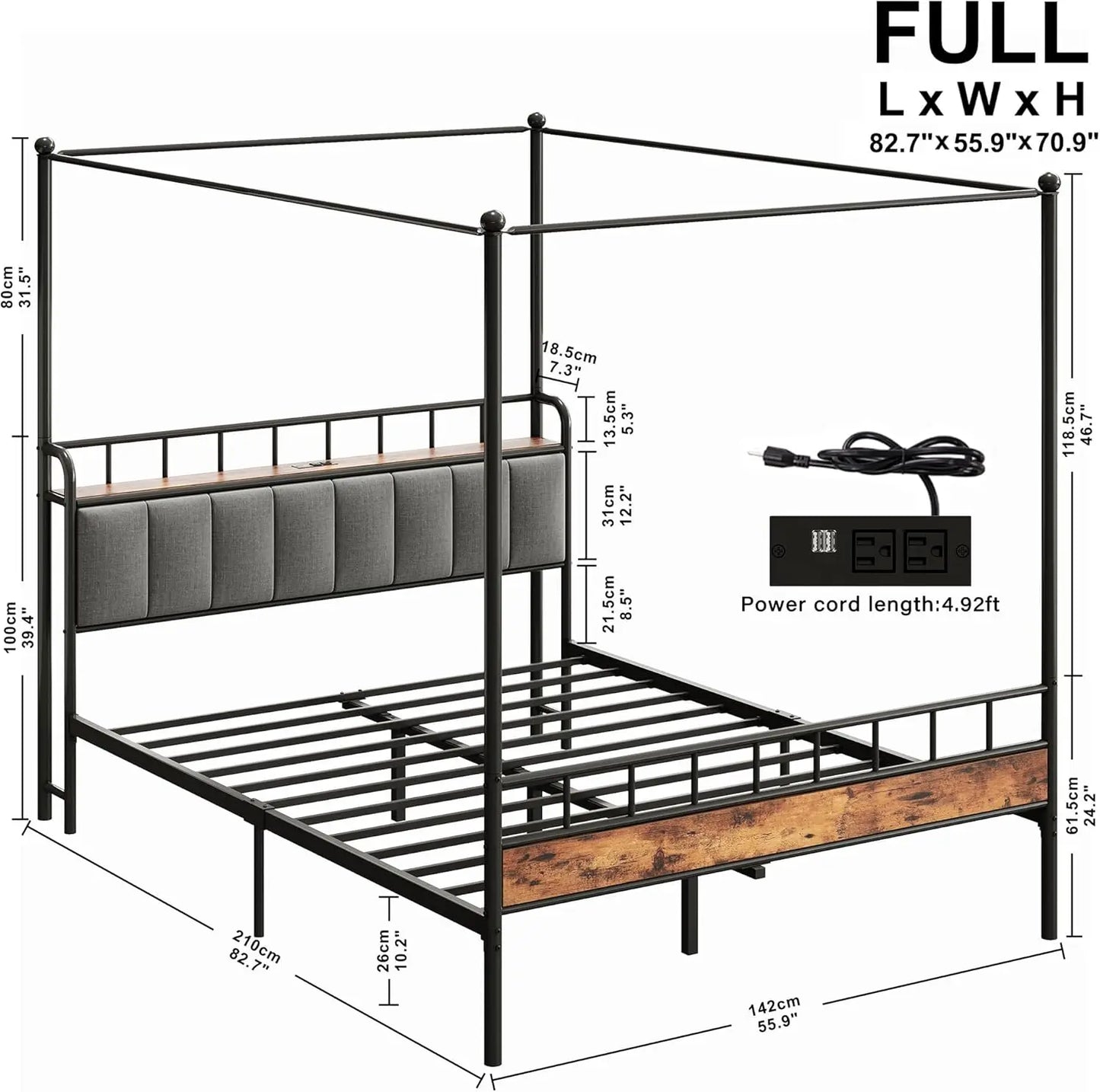 LIKIMIO Canopy Bed Frame Queen With Storage Headboard Charging Station