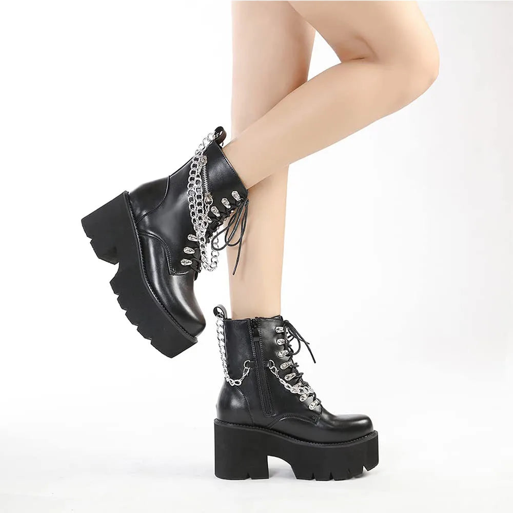 DoraTasia Gothic Ankle Boots Platform Chunky Heel With Chain
