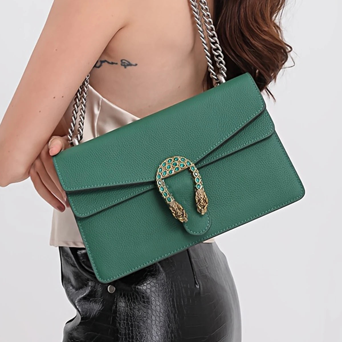 NONECN Genuine Leather Crossbody Bag For Women With Chain