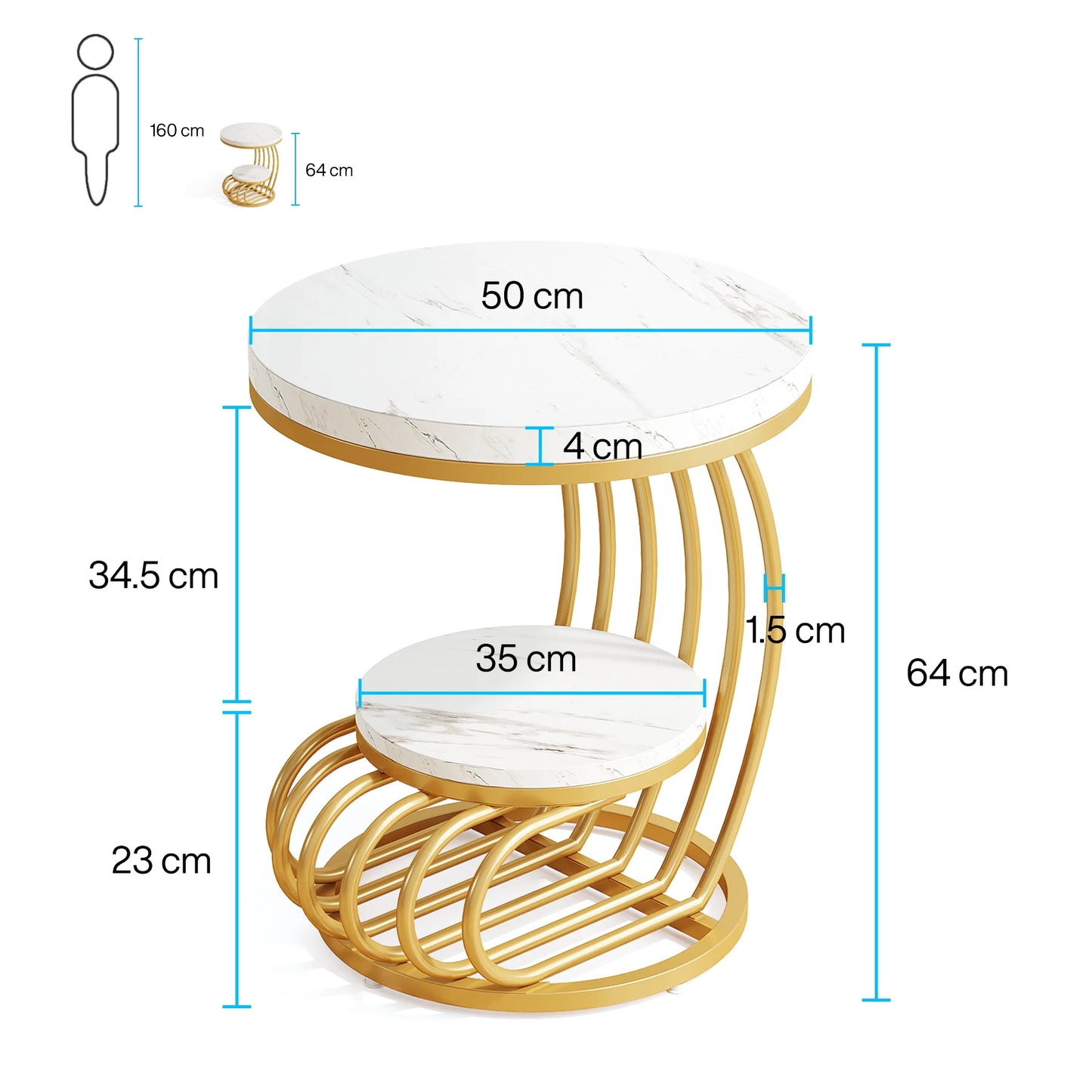 Tribesigns Gold Round End Table With Two Tiers Faux Marble