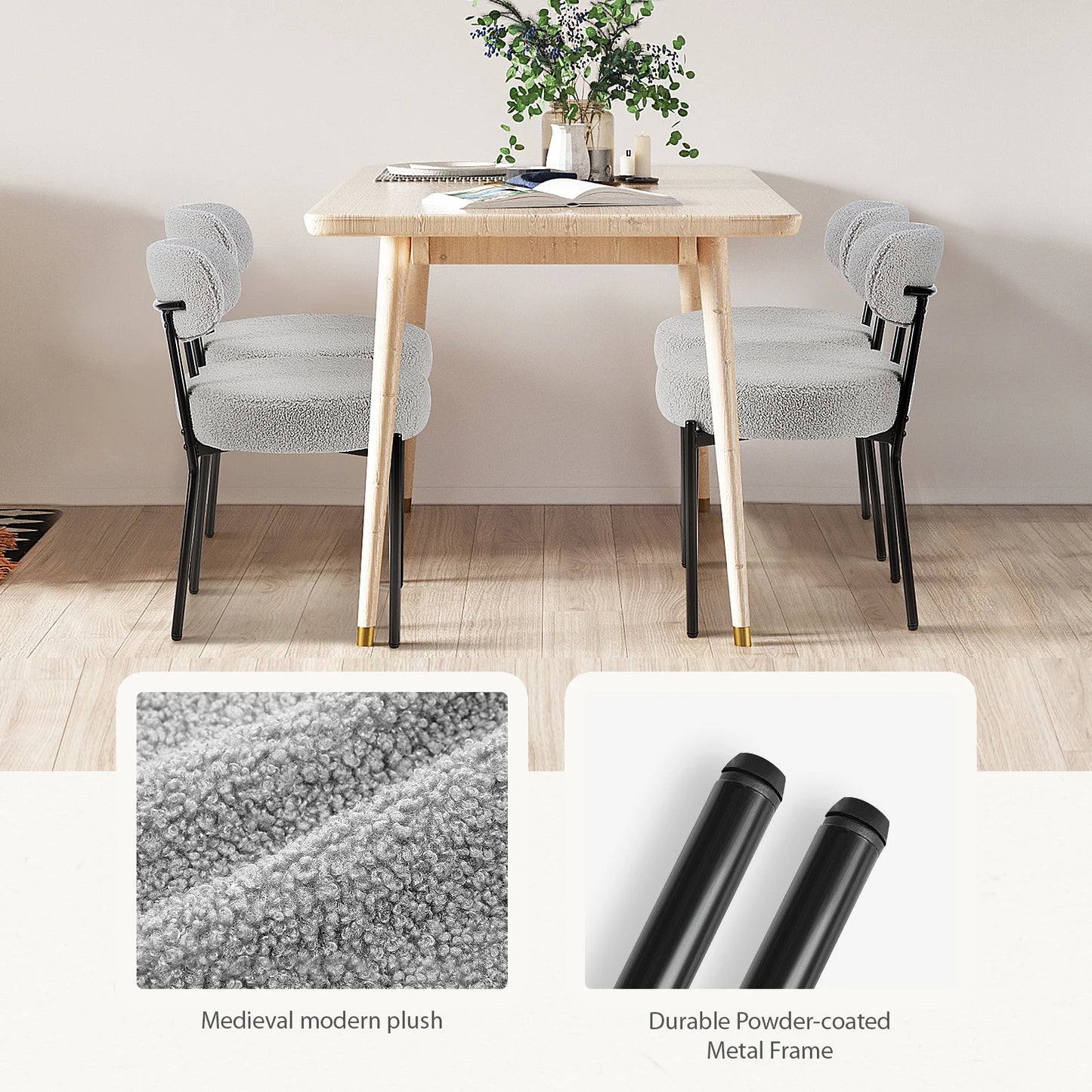 JHK Ergonomic Round Dining Chairs, Plush Fabric, 2-Pack, Metal Legs
