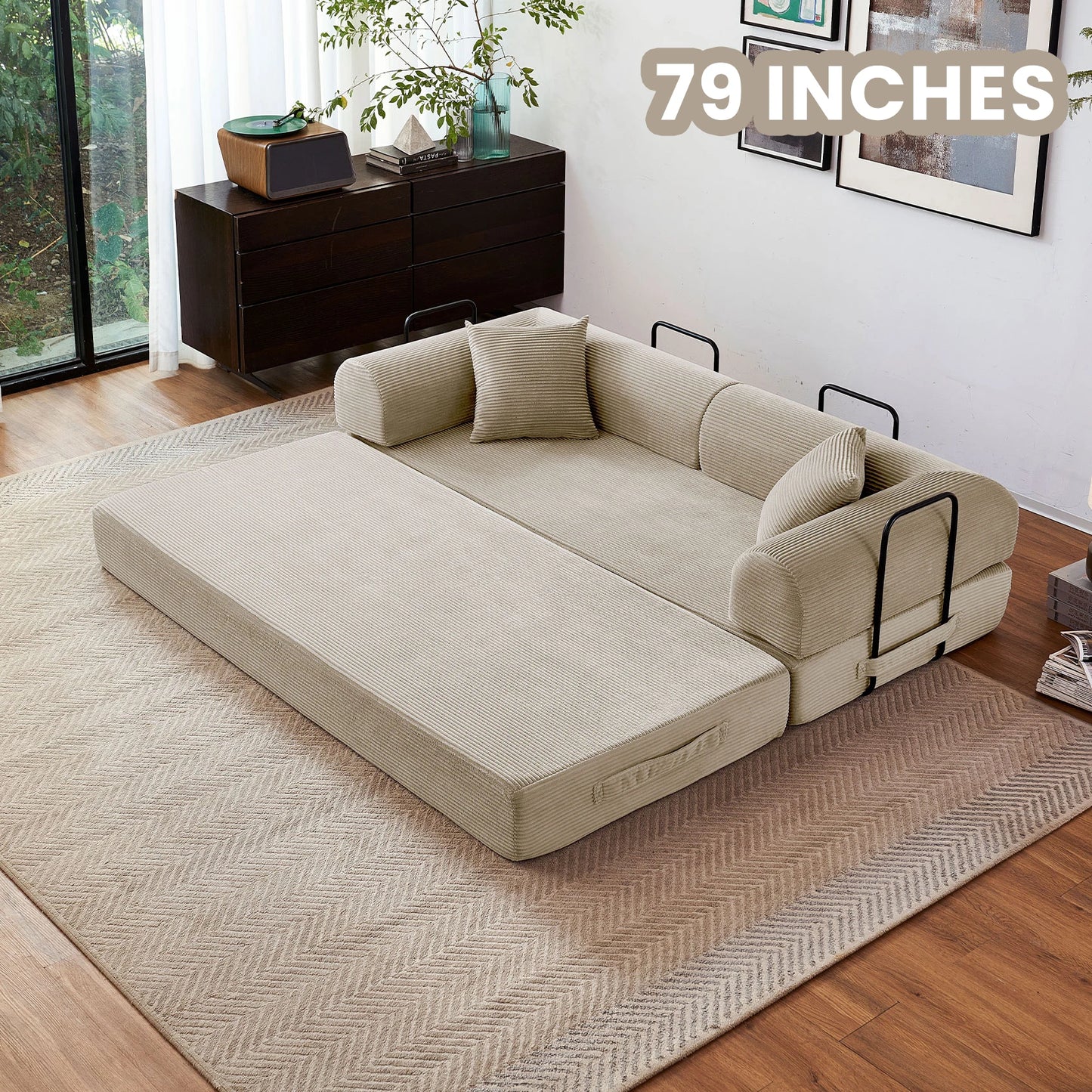 Foldable Convertible Futon Sofa Bed With L-Shaped Armrests Living Room