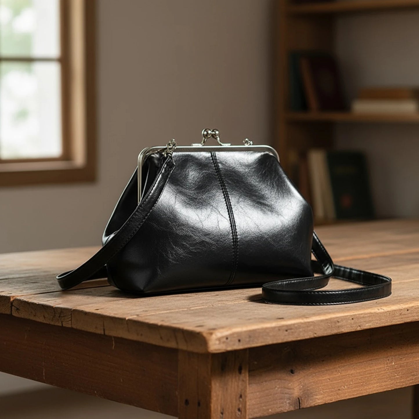 PU Leather Shoulder Bag For Women Adjustable Strap Kiss Lock
