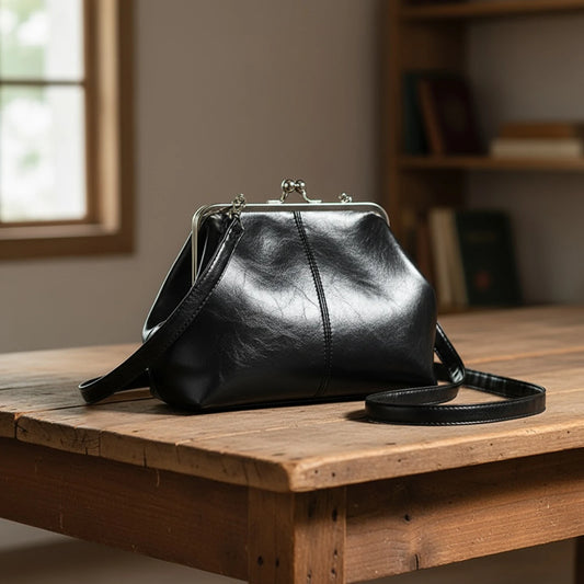 PU Leather Shoulder Bag For Women Adjustable Strap Kiss Lock