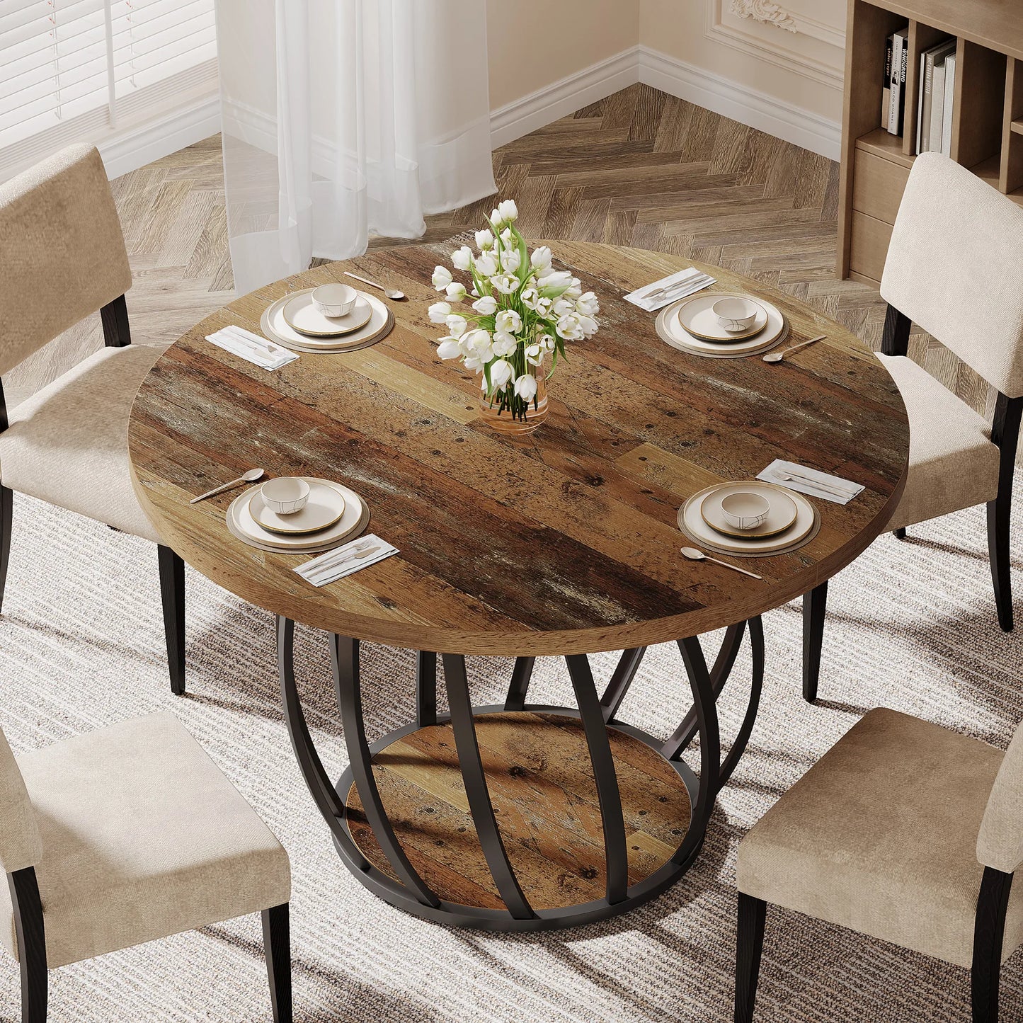 Tribesigns Round Wood Dining Table With Sturdy Metal Base